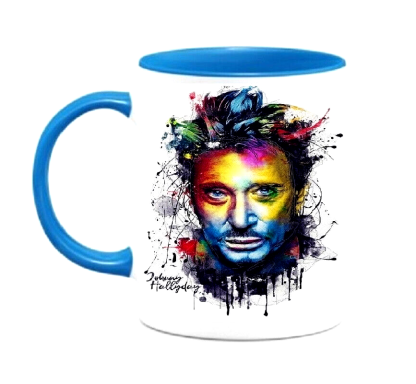 Mug Johnny Hallyday Tasse avec un portrait coloré et artistique d'un homme.