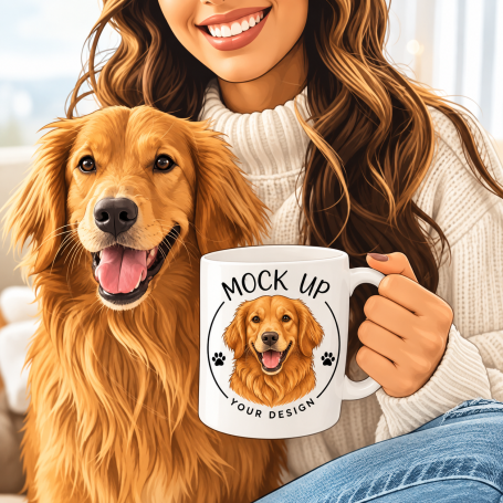Femme tenant un mug personnalisé avec la photo de son chien